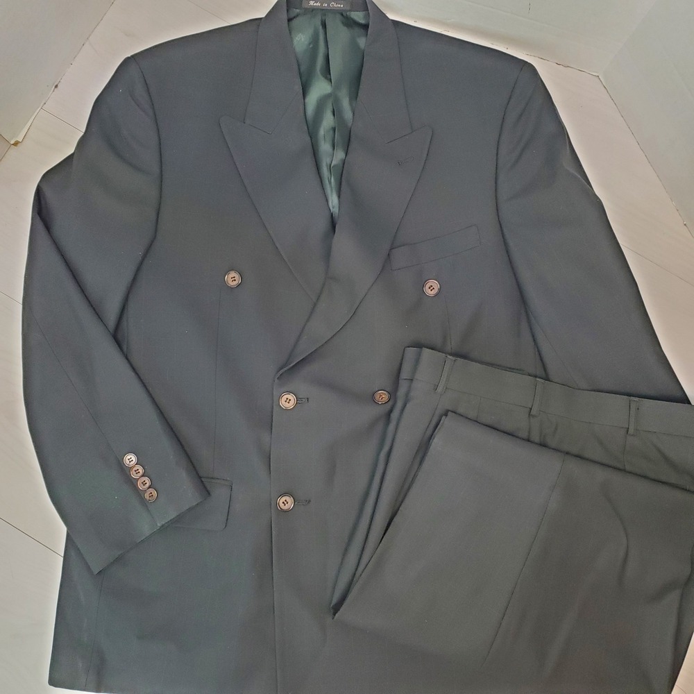 Mazzoni Mens Double Breasted Suit 44R W38 Black Peak Lapel 2pc Set Dark Academia